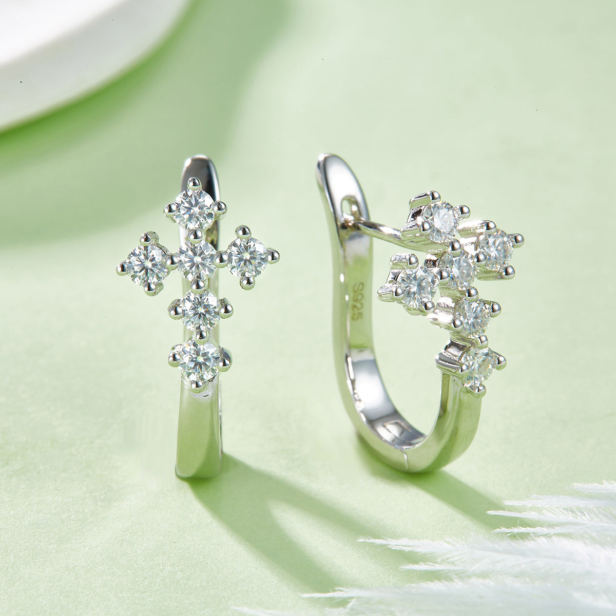 4g S925 Sterling Silver 0.72CT Moissanite Cross Earrings  6-Stone Huggie Hoop Dangle With GRA Certificate, Platinum Plated Jewelry Gift Box Set For Women