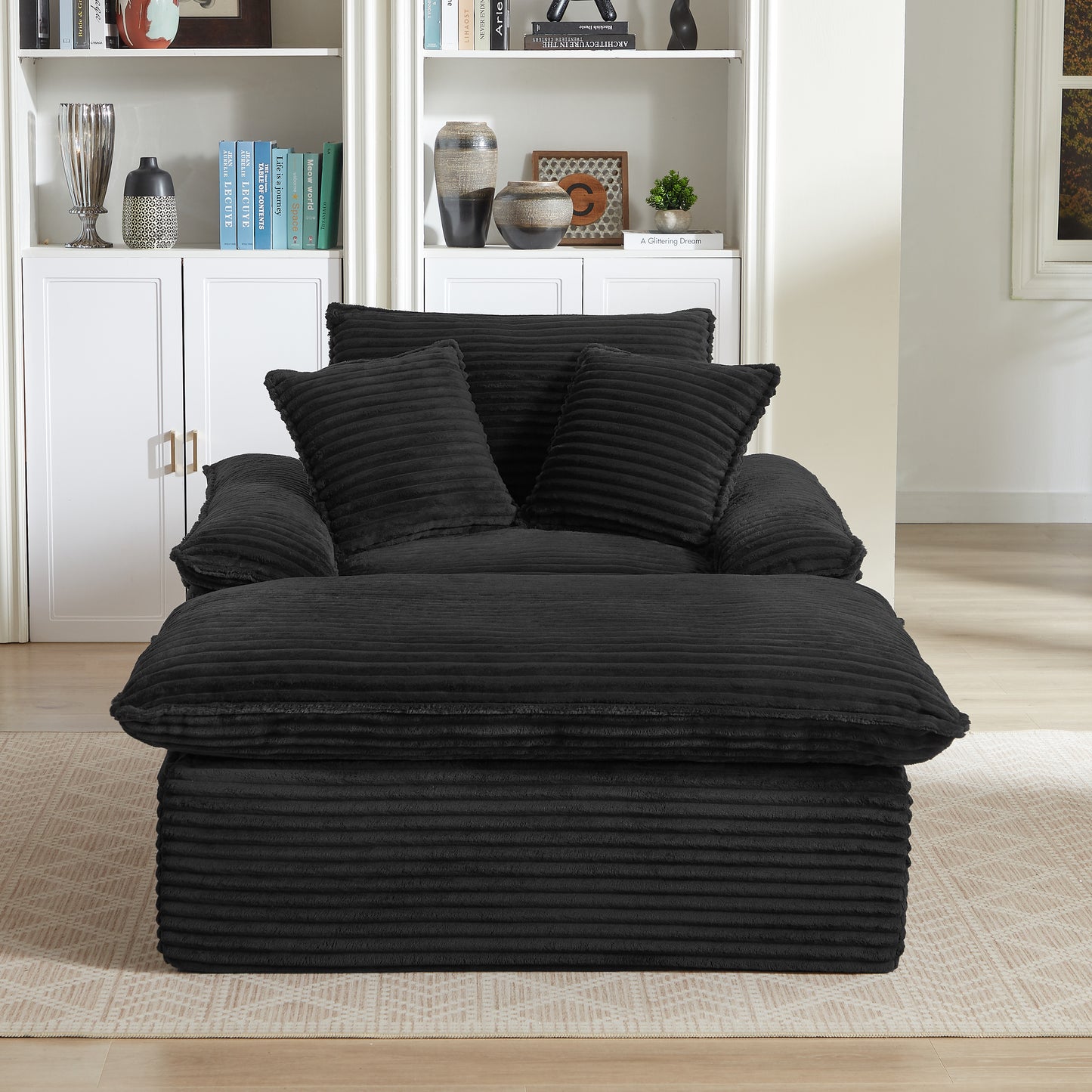 51.97 Inch Modern Comfortable Cushioned Compression Single Seat Sofa With Unique Footrest Design, Lounge Chair For Living Room, Bedroom, Apartment, Office, Black