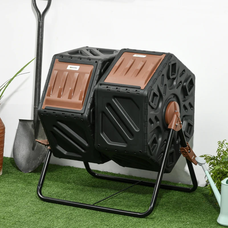 Dual Chamber Compost Tumbler Bin, Outdoor Tumbling Composter With 24 Ventilation Openings And Steel Legs, 34.5 Gallon