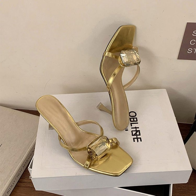 2026 Summer New Korean Style Stiletto Heel Slides For Women, Rhinestone Open Toe High Heel Mules, Dressy Sandals For Ladies