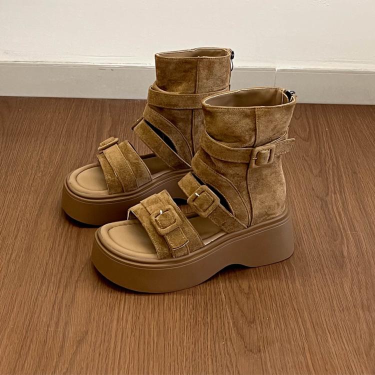 Retro Thick Soled Roman Cool Boots For Women's New Fashion Set, Toe High Top Sandals, Height Boosting Zipper Short Boots
