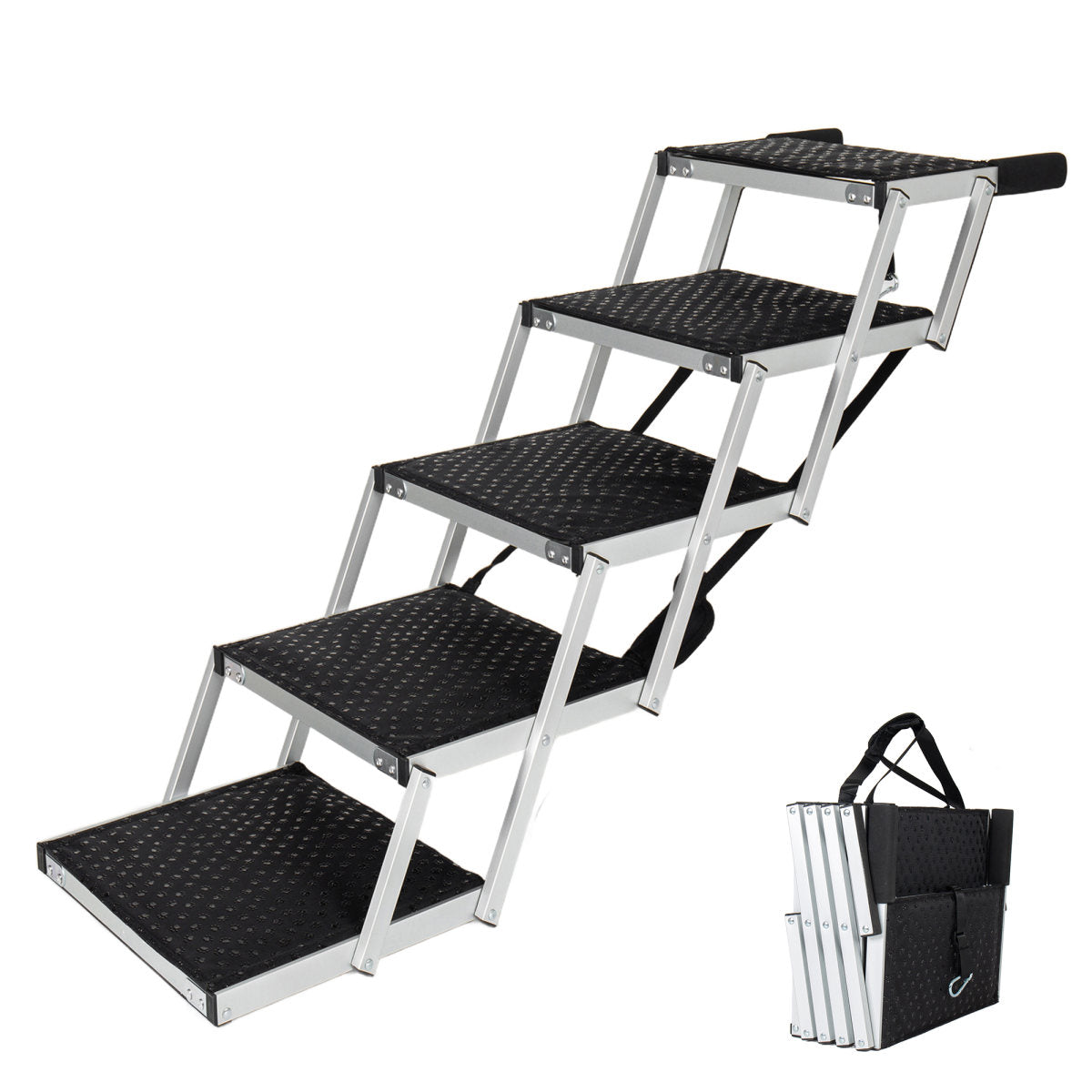 Aluminum Frame Foldable Dog Stairs, 5 Steps Heavy Duty Pet Ramp With Non Slip Surface And Soft Foam Handle, Dogs Stairs For Cars, High Beds, Truck, Supports Up To 250 Lbs