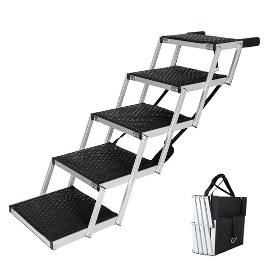 Aluminum Frame Foldable Dog Stairs, 5 Steps Heavy Duty Pet Ramp With Non Slip Surface And Soft Foam Handle, Dogs Stairs For Cars, High Beds, Truck, Supports Up To 250 Lbs
