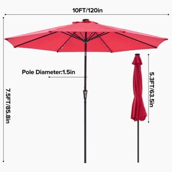 10 Ft Patio Umbrella For Table, Outdoor Sun Umbrella With 32 LED Solar Lights, Red
