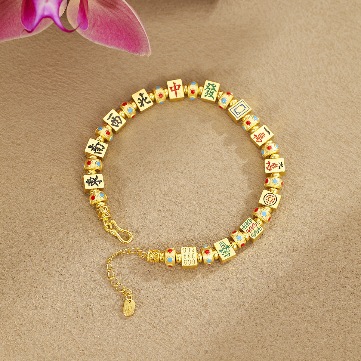 S925 Sterling Silver Vintage Enamel Thirteen Ornaments Mahjong Bracelet, Versatile Fashion Hand Jewelry