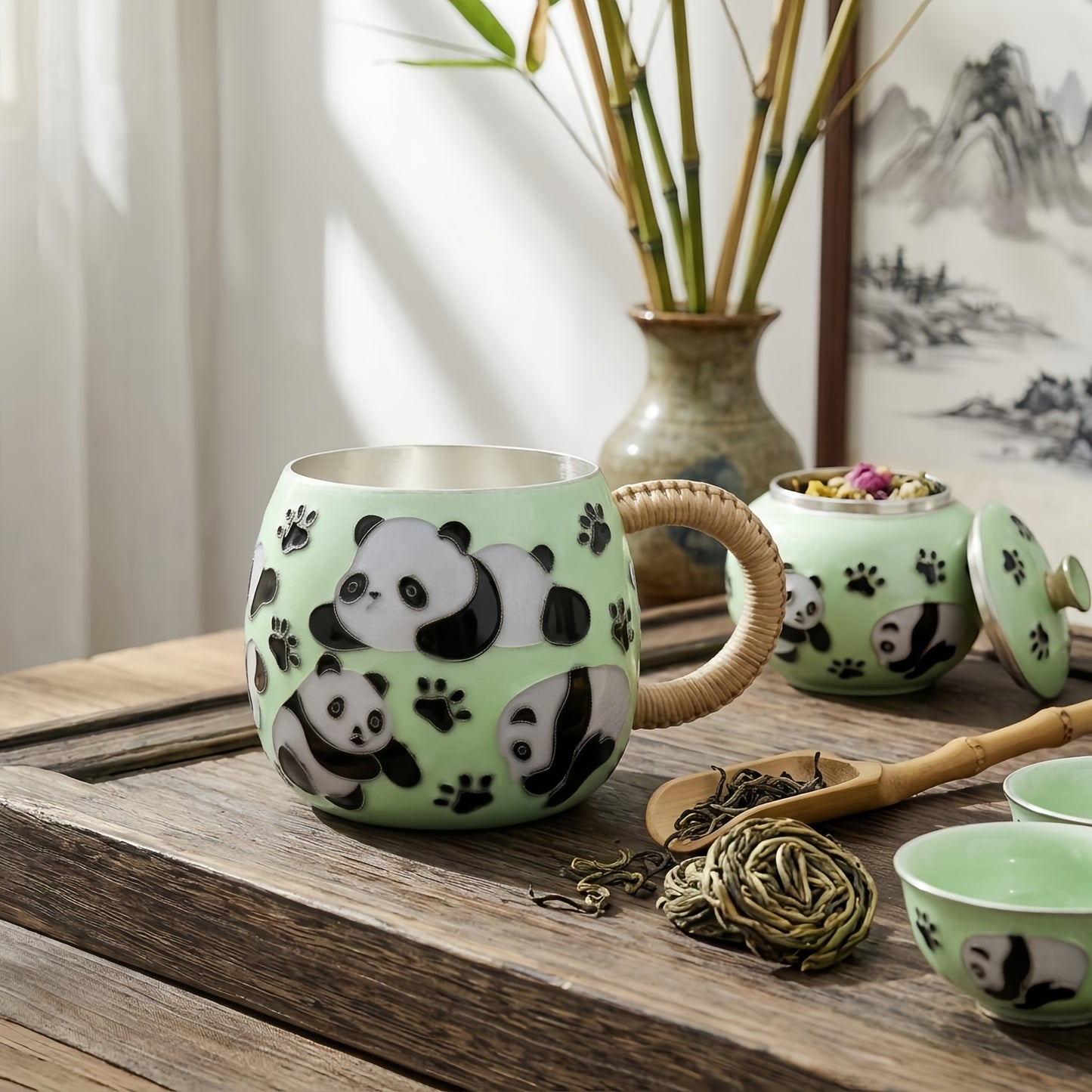 925 Sterling Silver Charming Panda Mug with Playful Design and Woven Handle-Premium Indigo Tea Mug - Handicraft