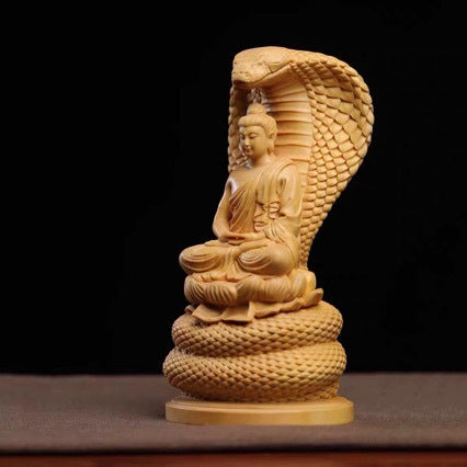 South American Boxwood Carved Snake Buddha Shakyamuni Statue Car Home Decor Ornament