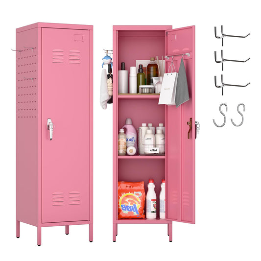SUPEER Lockable Metal Lockers With Handle And Keys,Metal Storage Locker With 2 Pegboard & 5 Hooks For Home,Office,School,54.45inch H X 15inch W X 15inch,Pink,Required Assembly