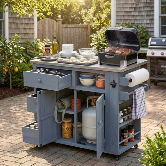TOPMAx Outdoor Solid Wood Extendable 19.3  28  Kitchen Island  Stainless Steel Top Grill Table With Side Spice Rack  Kitchen Cart With Drawers  Storage Cabinet For Backyard  BBQ Party  Gray
