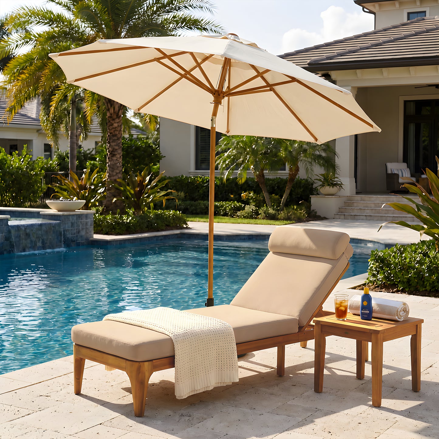 TOPMAX Acacia Wood Chaise Lounge, Outdoor Sun Lounge Chair, Patio Recliner With Adjustable Backrest And Head Pillow For Poolside, Backyard, Garden, Indoor&Outdoor, Coffee Brown