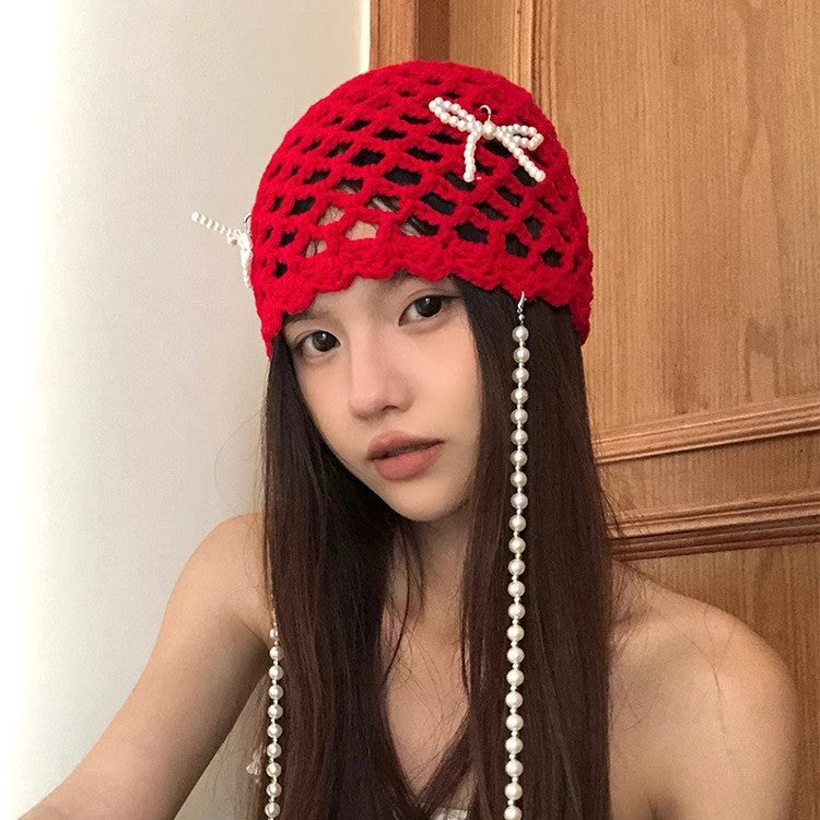 Korean-style Detachable Pearl Bow Knitted Hat