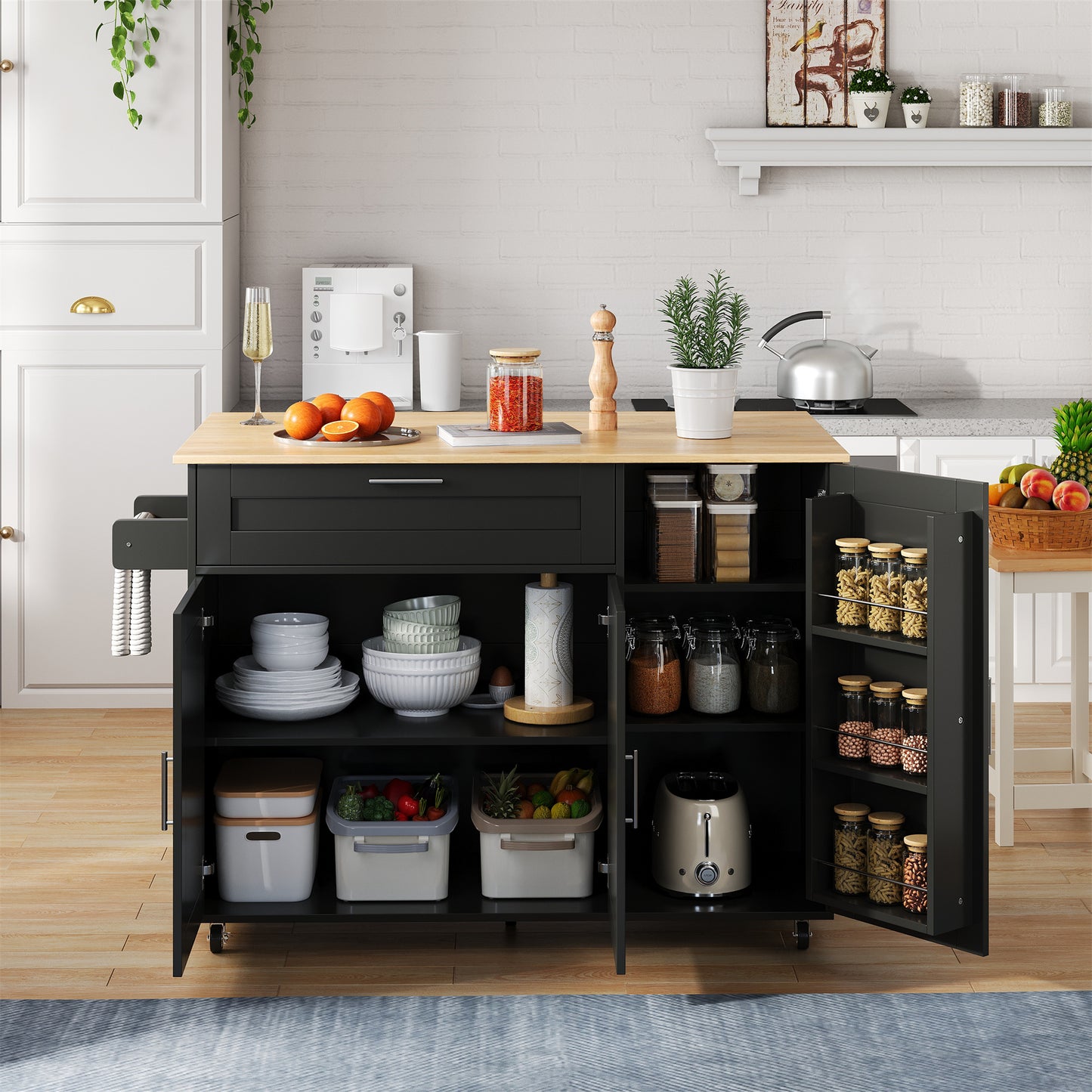L132.5xW44-70xH90cm Large Mobile Kitchen Table, Foldable Countertop, Oak Grain, Multifunctional Cabinet, Spice Rack, Towel Rack, 5 Wheels, Suitable For Kitchen Dining Home