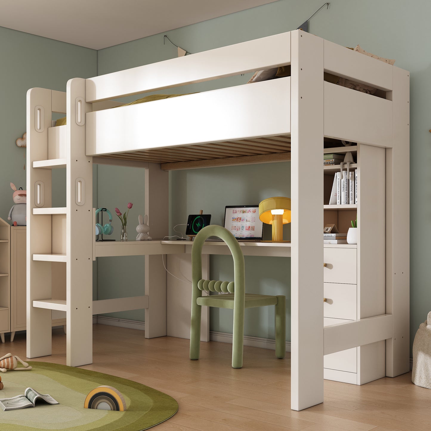 Loft Bed With L-shaped Desk, Shelves And Drawers With USB Type-C Charging Area, Youth Single Bed With Ladder And Wooden Slatted Base, 90x200cm, White, Without Mattress.