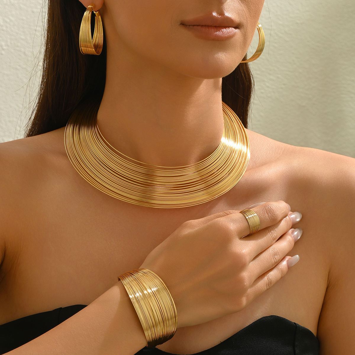 Cross-border European American Women Multi-Layer Metal Jewelry Set, Geometric Line Design Choker & Adjustable Open Bangle, Versatile Daily Wrist Neck Accessories