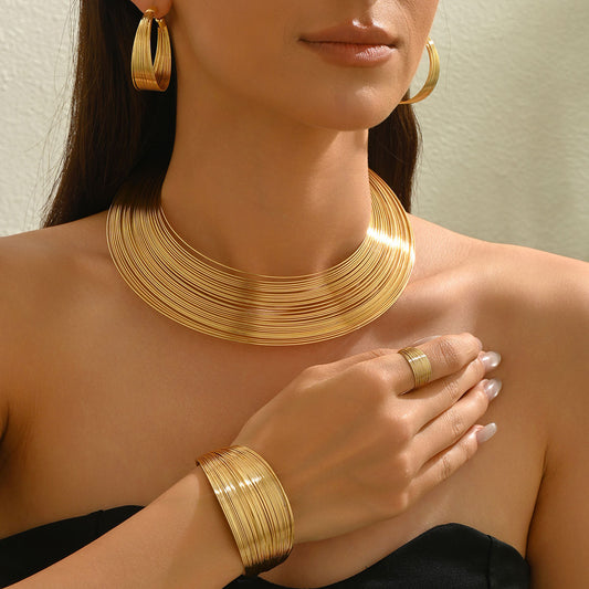 Cross-border European American Women Multi-Layer Metal Jewelry Set, Geometric Line Design Choker & Adjustable Open Bangle, Versatile Daily Wrist Neck Accessories