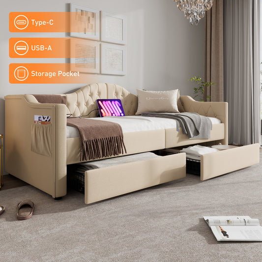 Upholstered Bed Daybed Sofa Bed Storage Beds Bed Frame With USB Type C Charging Function And 2 Drawers 90x200cm Velvet In Beige Velvet  Without Mattress