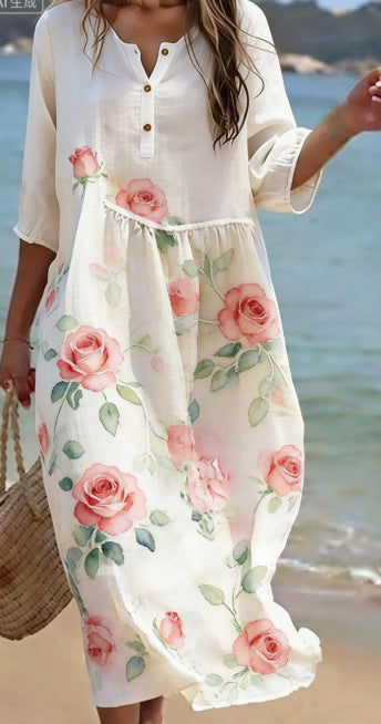 Round Neck Fashion Premium Long Sleeve Printed Dress