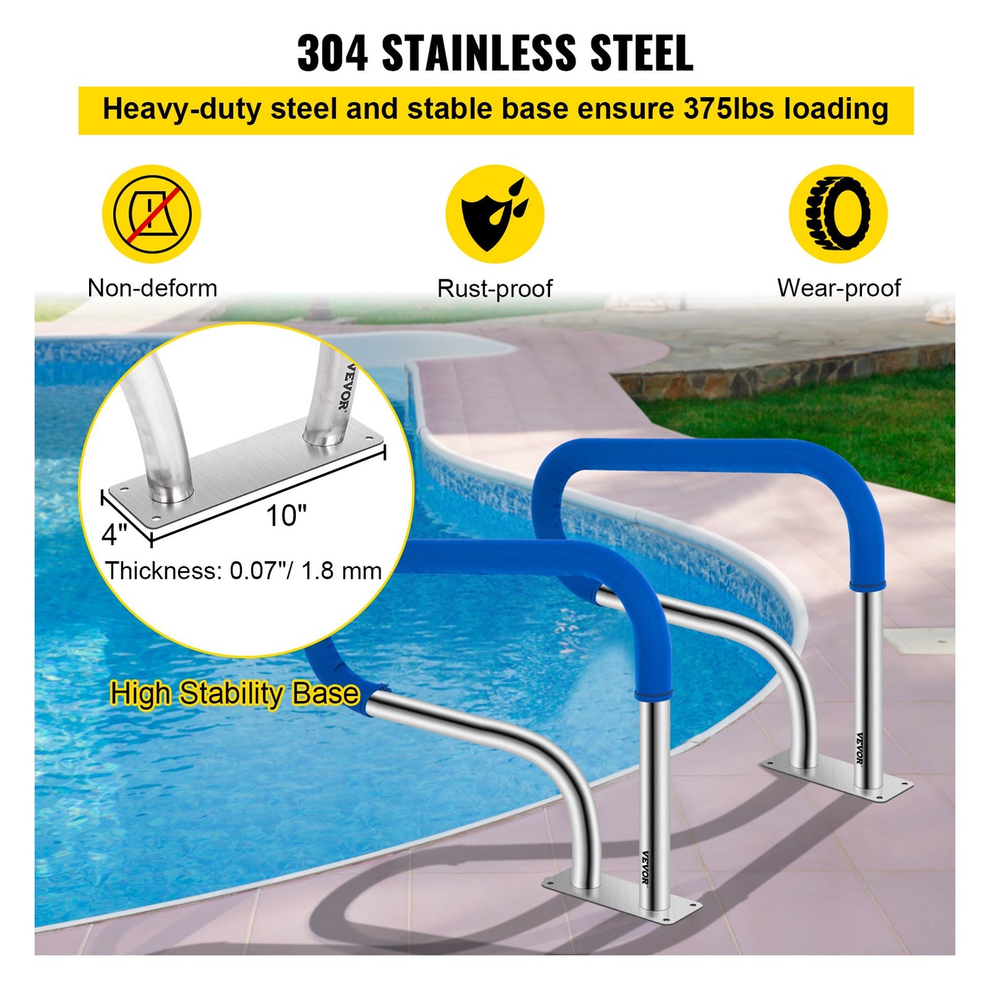 Pool Handrail, 32 X 22.5 Swimming Pool Stair Rail, 304 Stainless Steel Stair Pool Hand Rail Rated 375lbs Load Capacity, Pool Rail With Quick Mount Base Plate, And Complete Mounting Accessories