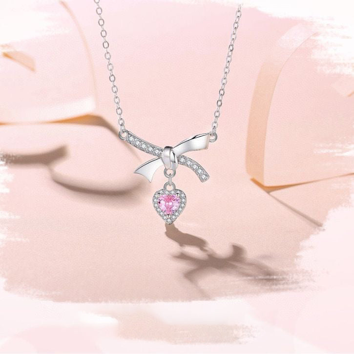 1pcs 999 Sterling Silver Bowknot & Pink Heart Necklace, Elegant Trendy Style, Ideal For Valentine's & Birthday Gifts