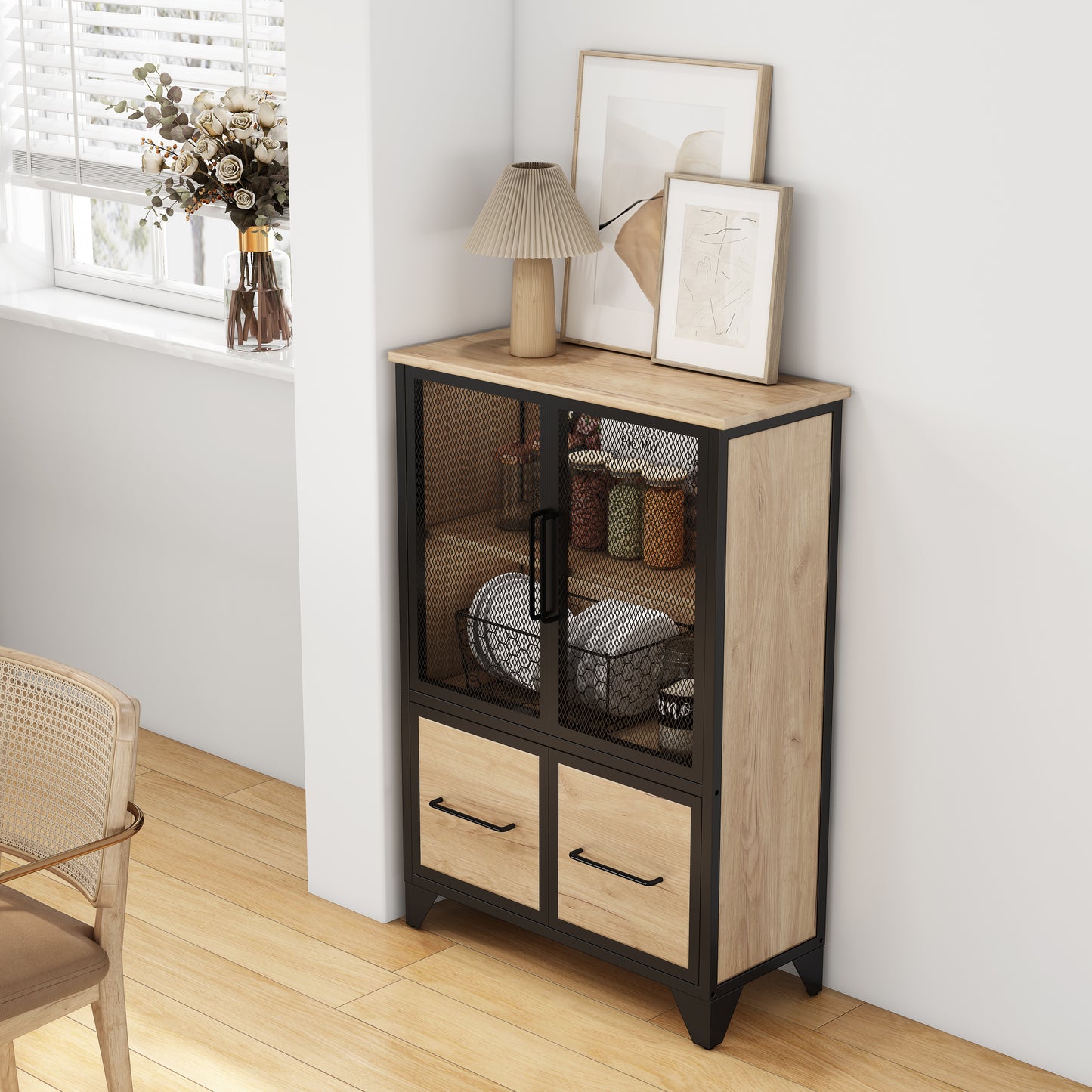 Storage Cabinet With 4 Iron Doors,Black Metal Handle,Sideboard With Adjustable Shelf,Black Sturdy Metal Frame And Metal Legs,Easy Assemble,For Living Room,Kitchen,Black Natural