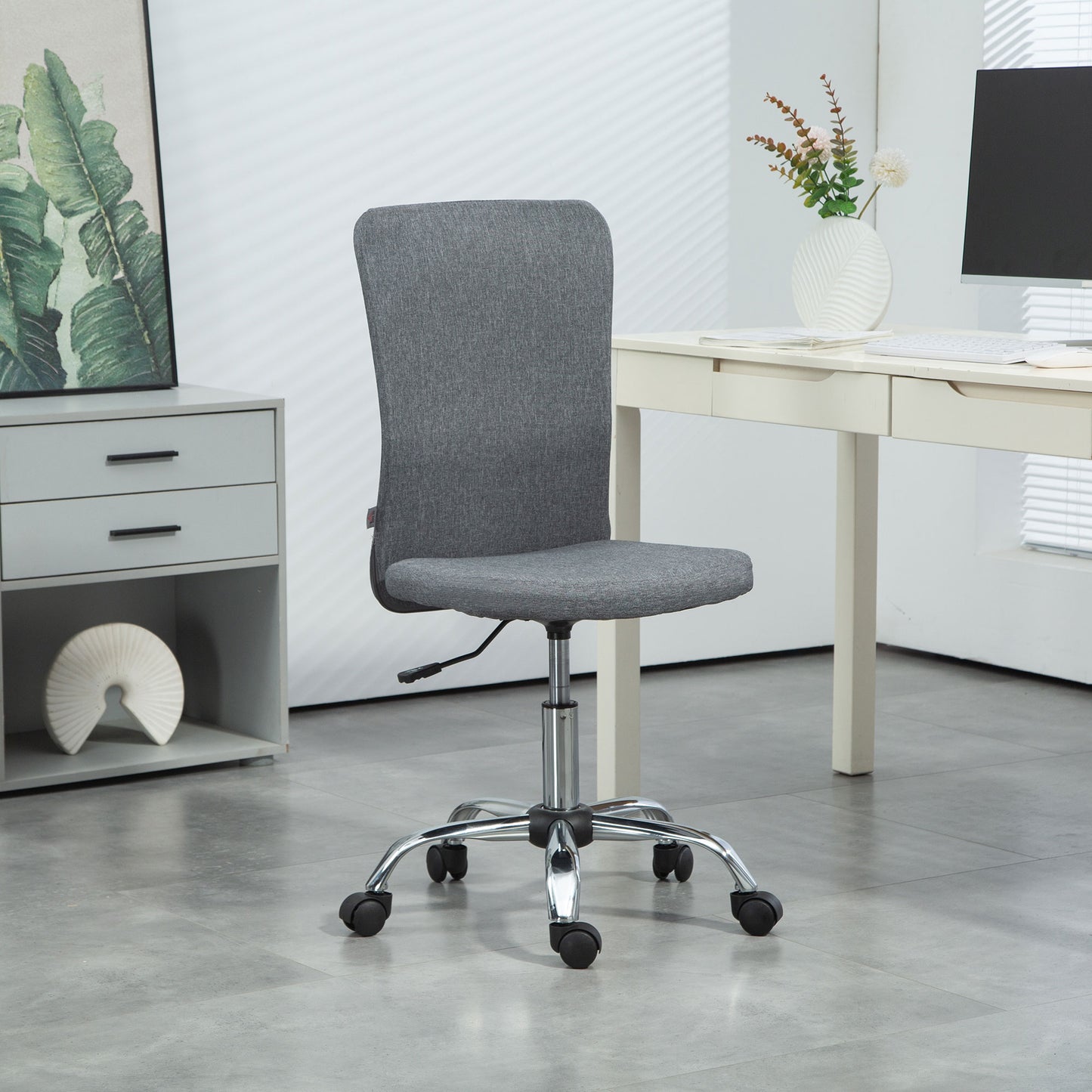 Armless Computer Desk Chair, Fabric Swivel Office Chair, Makeup Vanity Chair With Height Adjustable, Wheels, For Home Study Bedroom, Grey