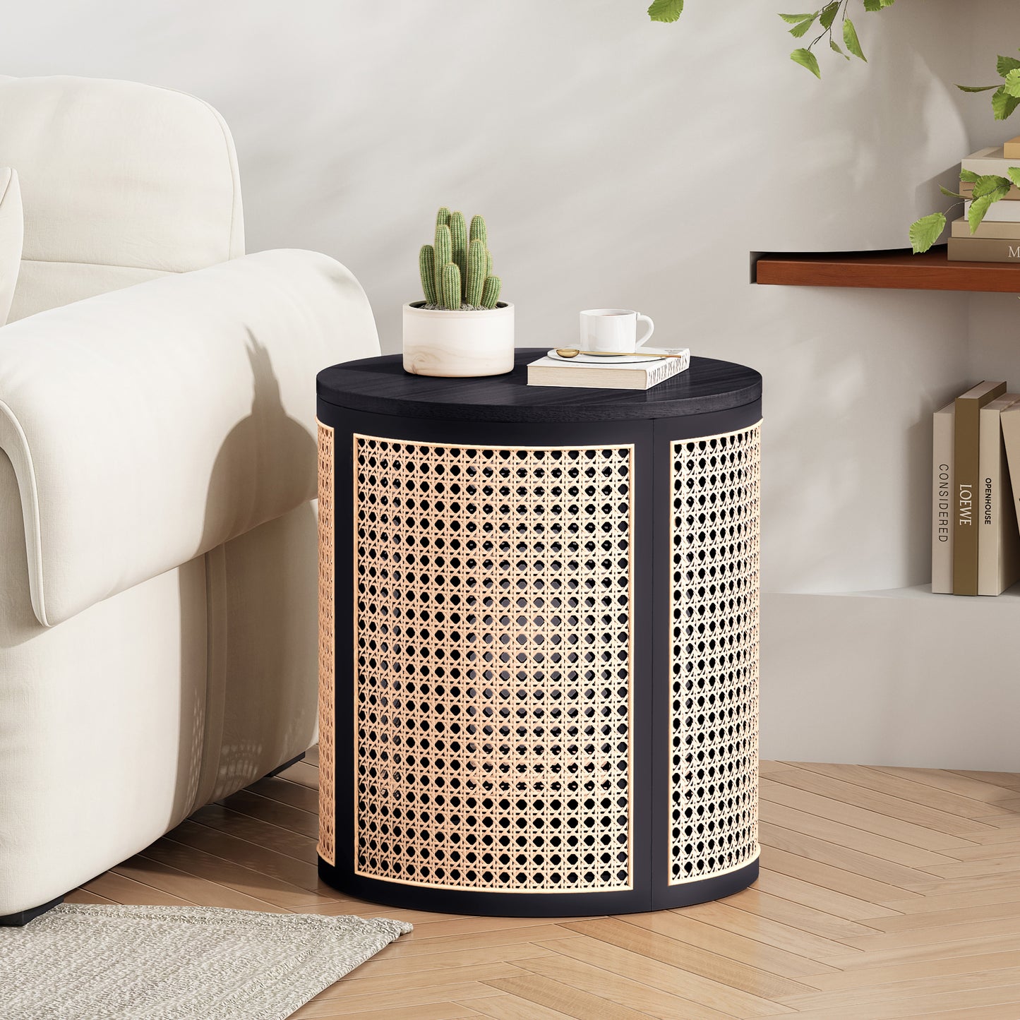 15.70  Round End Table, Hollow Woven Side Table, Small Rubber Wood Nightstand, Rattan Woven Tea Desk, Round Wood Tabletop, Chic Home Decor Desk, Easy Assembly, Black Color