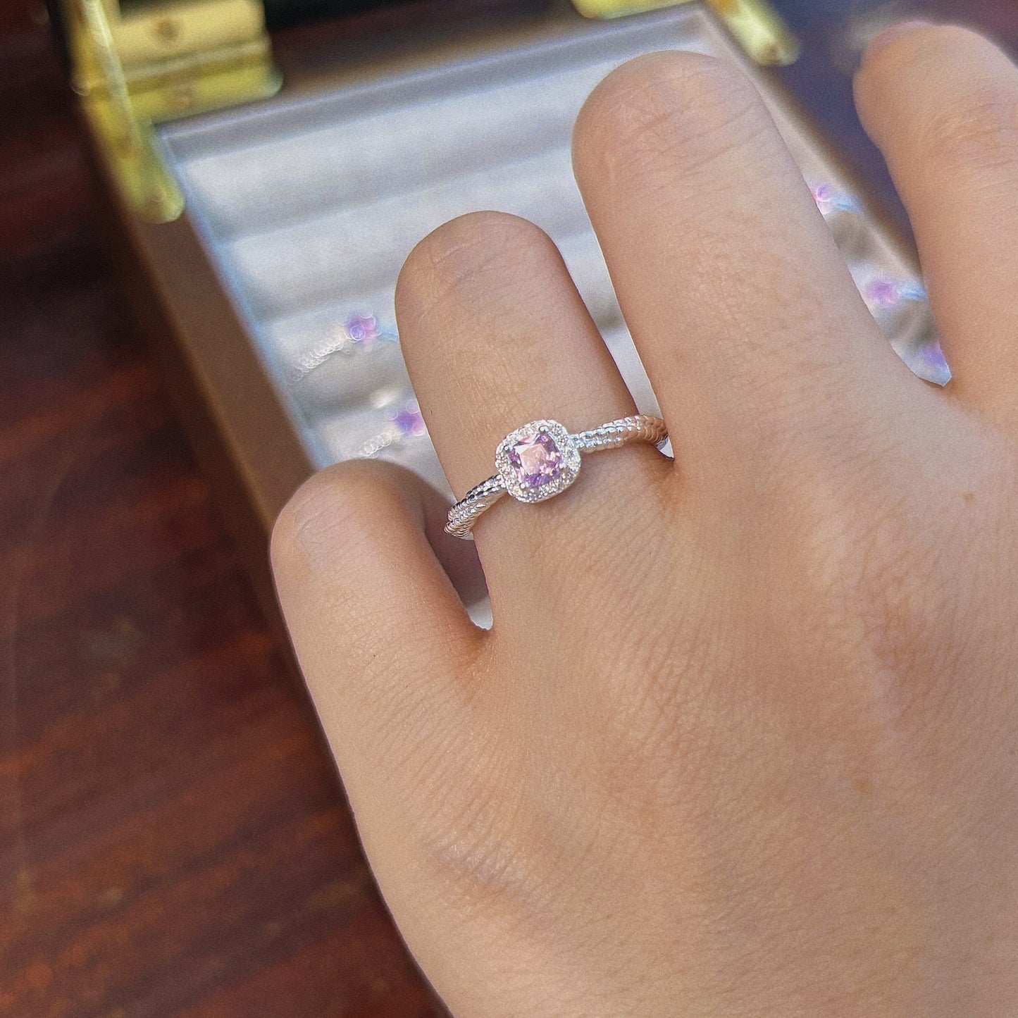 1 Piece 999 Sterling Silver Pink Cushion Cut CZ Ring, Halo Pave Twisted Band Style, For Daily Wear & Valentine's Gifts