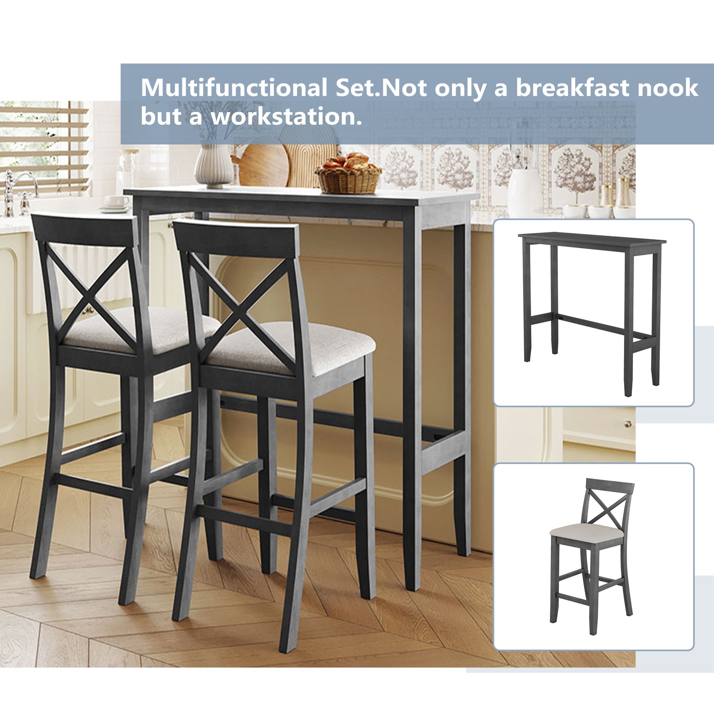 TOPMAx Farmhouse 48 Rectangular Wood Bar Height Dining Set Kitchen Breakfast Nook With 2 Chairs For Small Places Gray Beige