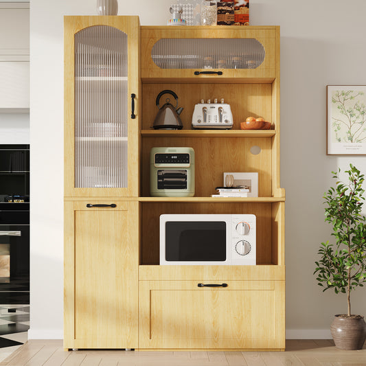 Highboard With Adjustable Shelves And Drawers, Kitchen Cabinet With Pull-out Shelves And Checker Glass, Ideal For Dining Room, Living Room And Kitchen  Natural