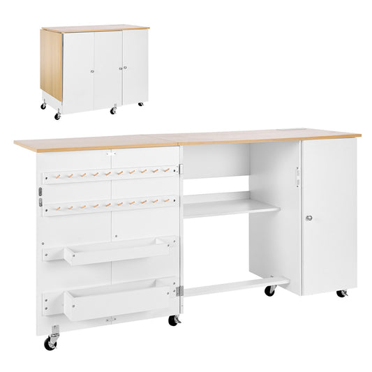 Folding Sewing Table, Multipurpose Sewing Machine Table With Cabinet, Charging Station, Compact Design, Wheels, Wooden Pegs, Storage Trays And Shelf, Craft Station And Side Desk For Home