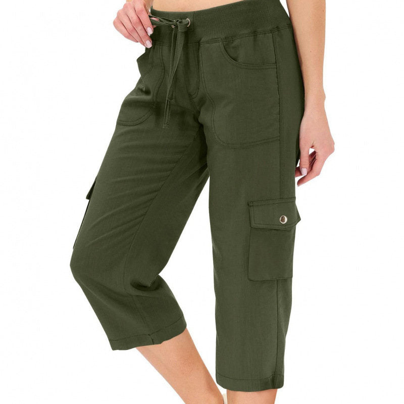 European And American Cross Border Best Selling Casual Lace Up Elastic Waist 7 8 Length Workwear Style Loose Fit Hiking Pants