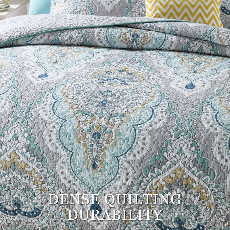 Cotton Reversible Quilt Bedspread Set Bohemian Moroccan Paisley Print Luxury 3-Piece All Season Lightweight Oversized Wide Drop Breathable Bedding For Full Queen 90X98 & King 98X106 Easy Care