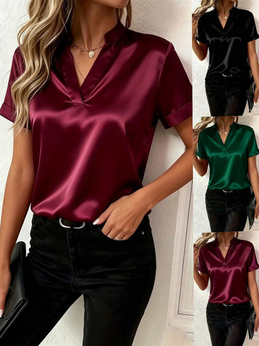 Women's Satin V-Neck Short Sleeve Blouse - Elegant Stand Collar Office Wear Top, Multiple Colors Available