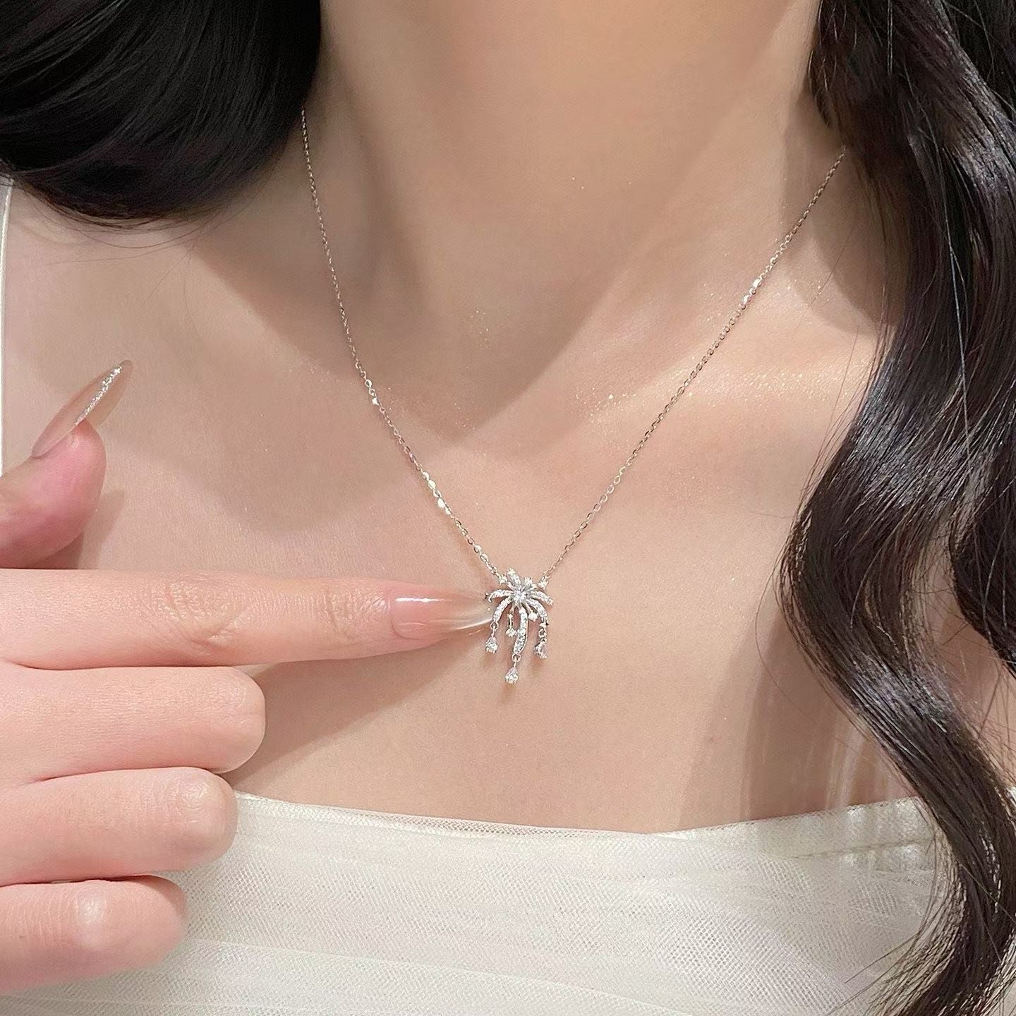 1pcs 999 Sterling Silver Fireworks Teardrop CZ Necklace, Luxury Delicate Style, Ideal For Birthday & Holiday Gifts