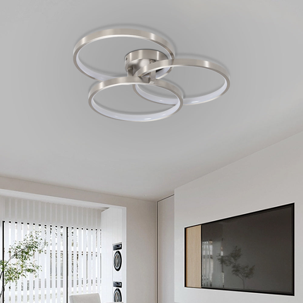 20  Modern LED Ceiling Light Fixture - Circular 3-Ring Design, Dimmable, Contemporary Brushed Nickel Finish For Living Room, Bedroom & Office