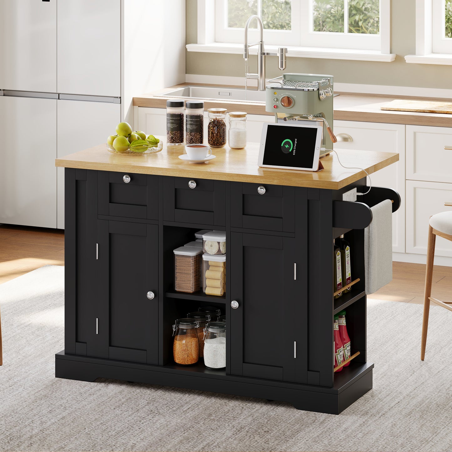 132cm Kitchen Island On Wheels, Dropleaf  Trolley, Farmhouse Style, Foldable Countertop, Drawer, Spice Rack, Towel Holder, 5 Wheels, Integrated Socket, Charging Station, Kitchen Dining Livingroom