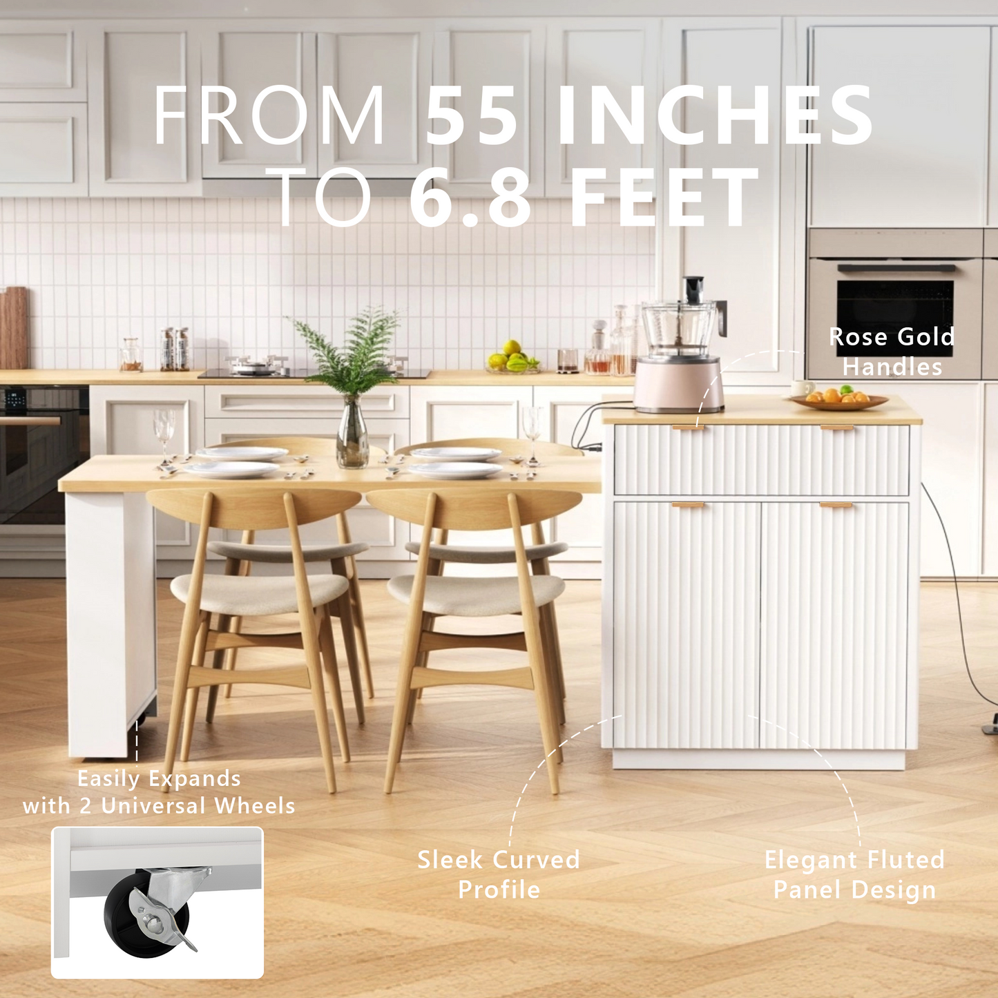 K&K 82.6  Fluted Kitchen Island With Extendable Dining Table For 4 6, Island Table For Kitchen With Power Outlet, Kitchen Table With Double Side Storage, 2 Drawers 2 Side Open Shelves, White
