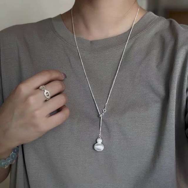 1pc 999 Sterling Silver Brushed Adjustable Gourd Pendant Necklace, Minimalist Chinese Style, Perfect For Daily Wear & Valentine's Gifts