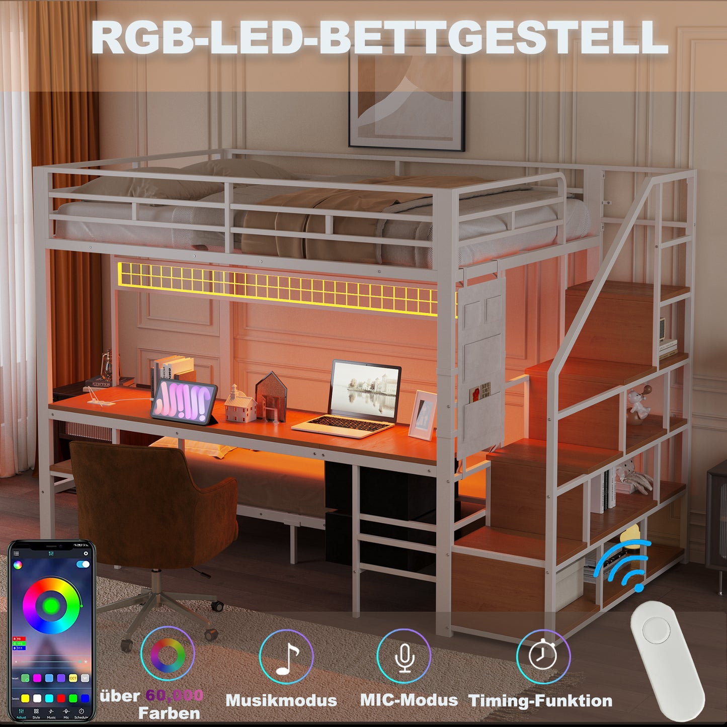 Metal Loft Bed,Multifunctional Bed With Desk,LED,With Sockets,Open Storage And Fabric Drawer Top Bed 140X200,and Underbed 90X200,White
