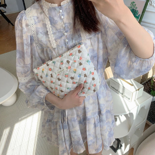Cartoon Floral Little Bear Quilted Lined Clutch Portable High-Capacity Organizer Womens Makeup Bag