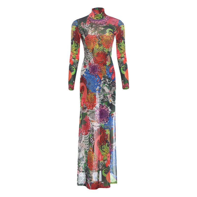 Womens Fashion Printed Long-sleeve Mock-neck High-slit Dress