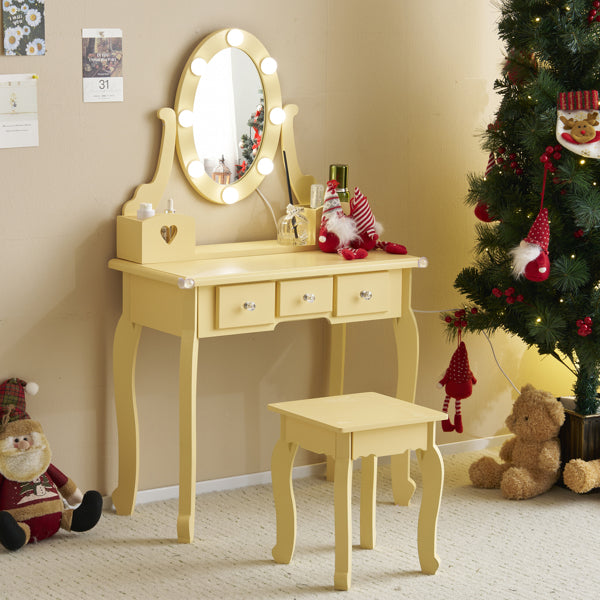 Kids Vanity Set With Mirror And Lights And Stool, 5 Storage Drawers, Pretend Play Princess Makeup Desk Dressing Table And Stool Set For Little Girls Age 3-, Macaroon Orange