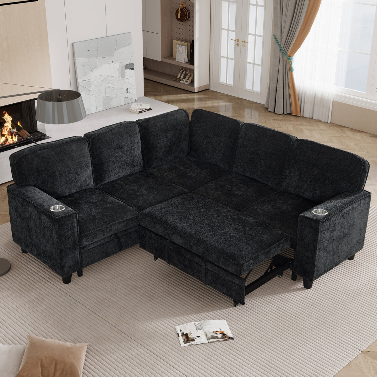 L-Shaped Sofa with Pull Out Sofa Bed, Sleeper Sofa Couch Bed with Storage Seat, 5 Seat Sectional Sofa Bed with USB, Sectional Sofa Couch for Living Room, Apartment, Charcoal Grey