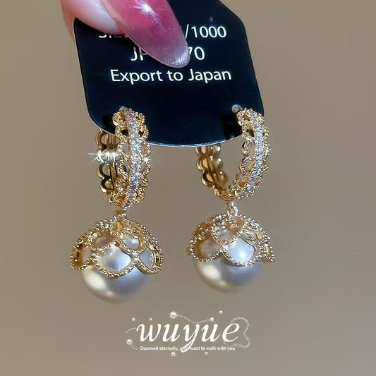 New Zircon Lace Trim Pearl Huggie Earrings, French Vintage Elegant Versatile Fashion Hoops, Light Luxury Niche Women Ear Jewelry