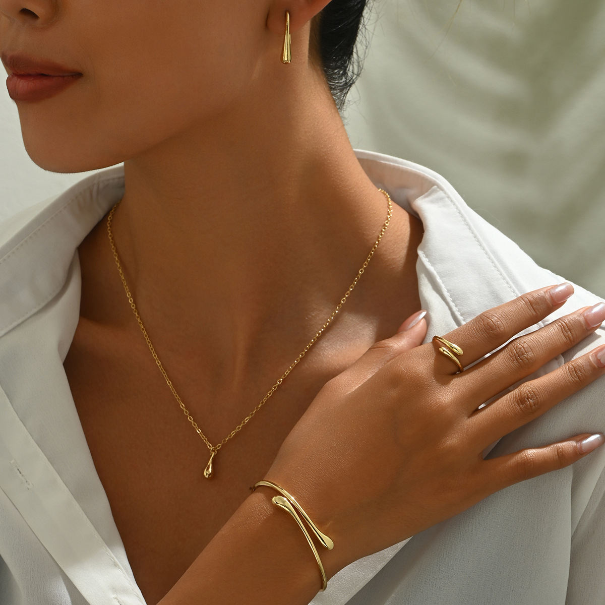 Minimalist Dainty Korean Style Jewelry Set For Women, Teardrop Design Earrings Necklace Adjustable Open Ring & Bangle, Versatile Daily Fashion Jewelry