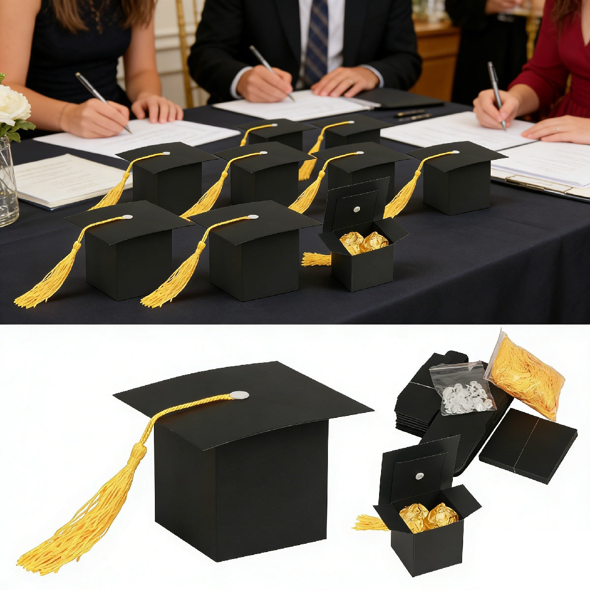 Graduation Cap Candy Boxes, Set Of 30 Graduation Candy Boxes Shaped Like Academic Caps, Gold & Black Party Gift Boxes For High School Graduation & Graduation Party Decorations