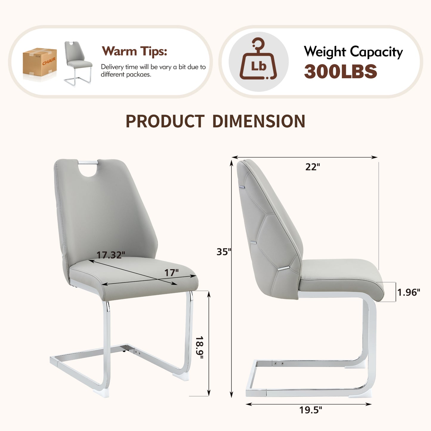 Dining Chairs Set Of 2, Light Gray Faux Leather Kitchen Chairs With Gold Mesh Texture, Silver Back Ring And Chrome Pull Handle, High Back Upholstered Dining Room Chair  Light Gray, Set Of 2