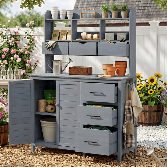 With Assembly Video  TOPMAx Farmhouse Patio Potting Bench  44.6 X19.5  Large Freestanding Garden Workstation With 6 Drawers  Bottom Cabinet And Side Hook  Outdoor Kitchen Island  Gray