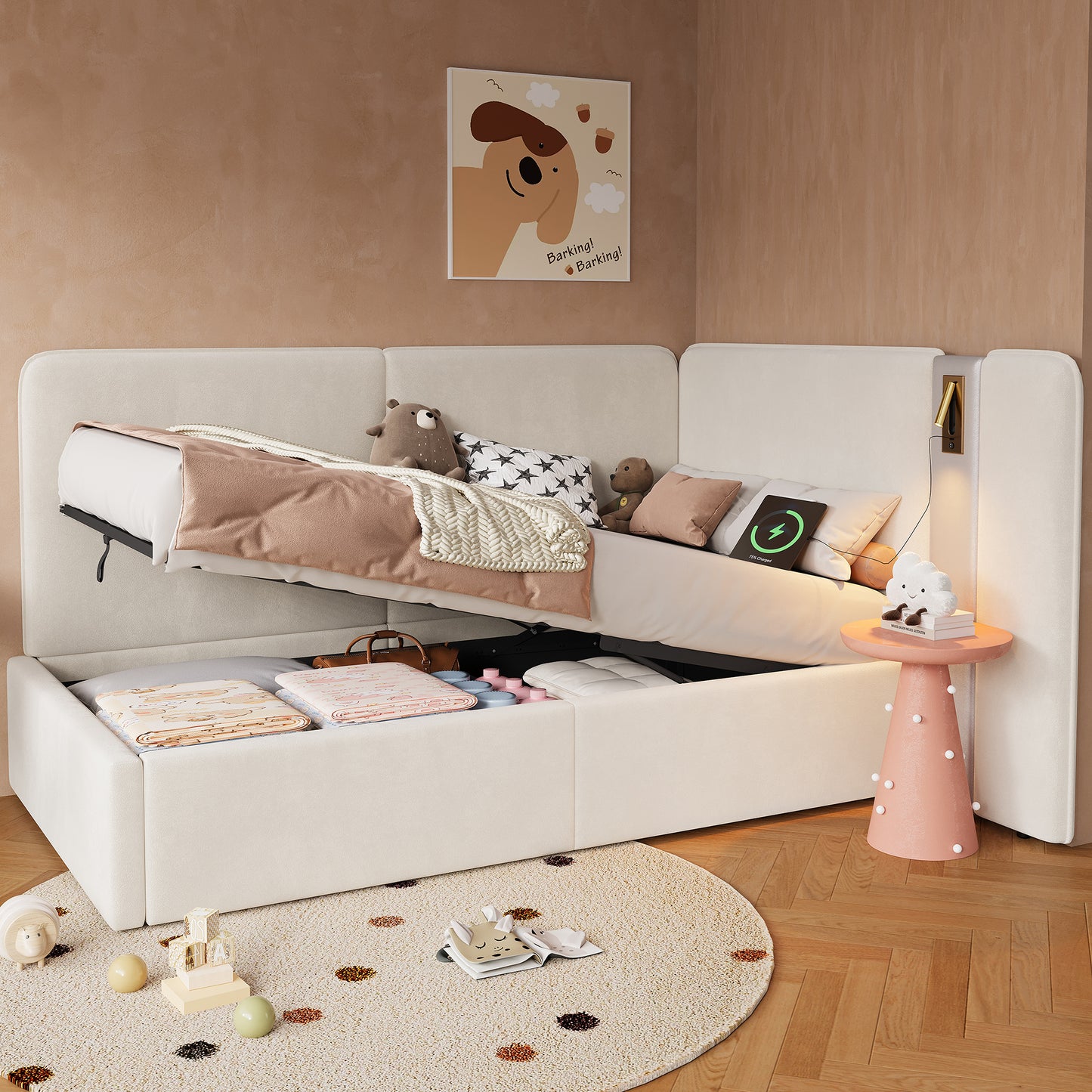 Daybed,  3FT Single Bed 90x190cm, L-shaped Upholstered With Storage, Sofa Bed, Hydraulic Bed With USB Charging Port And Reading Lamp, Velvet, Beige