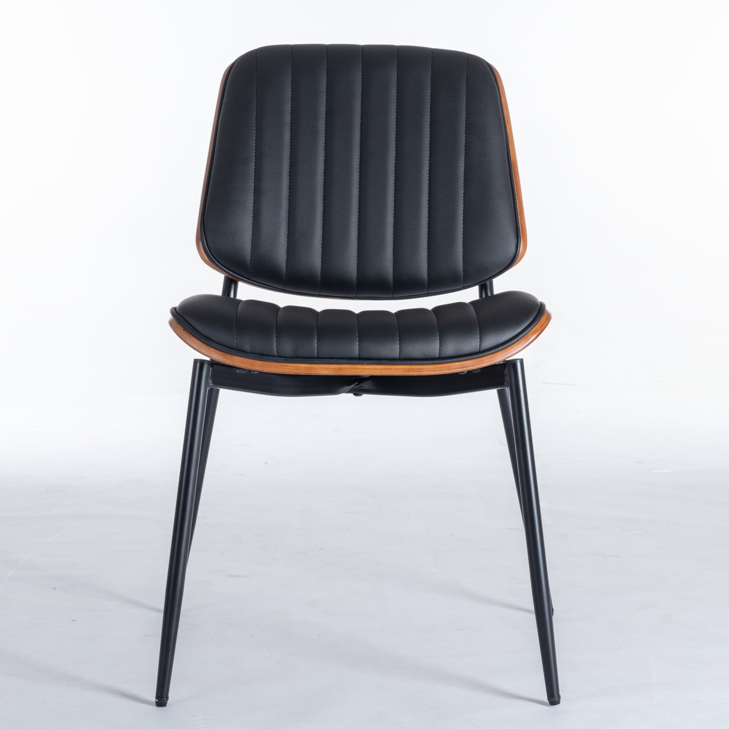 Dining Chairs Set Of 2 Mid Century Modern Retro Faux Leather Chair With Walnut Bentwood Back Upholstered Seat Metal Legs Adjustable Foot For Kitchen Dining Room Chairs Black PU ,DE1849BK